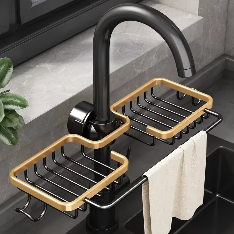 Kitchen Organizer Faucet Shelf Gold Non-Perforated Space Aluminum Sink Sponge Wipe Draining Hanging Basket Bathroom Accessories