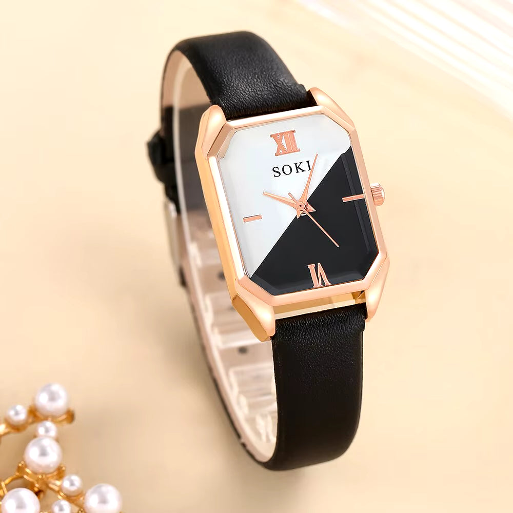 6Pcs Square Quartz Watch Dainty Bracelets Set Women Black White Watch Dial Leather Strap Heart Leaf Infinity Bracelets Set