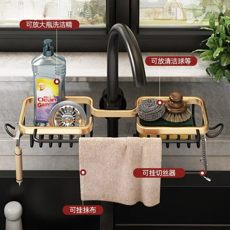 Kitchen Organizer Faucet Shelf Gold Non-Perforated Space Aluminum Sink Sponge Wipe Draining Hanging Basket Bathroom Accessories