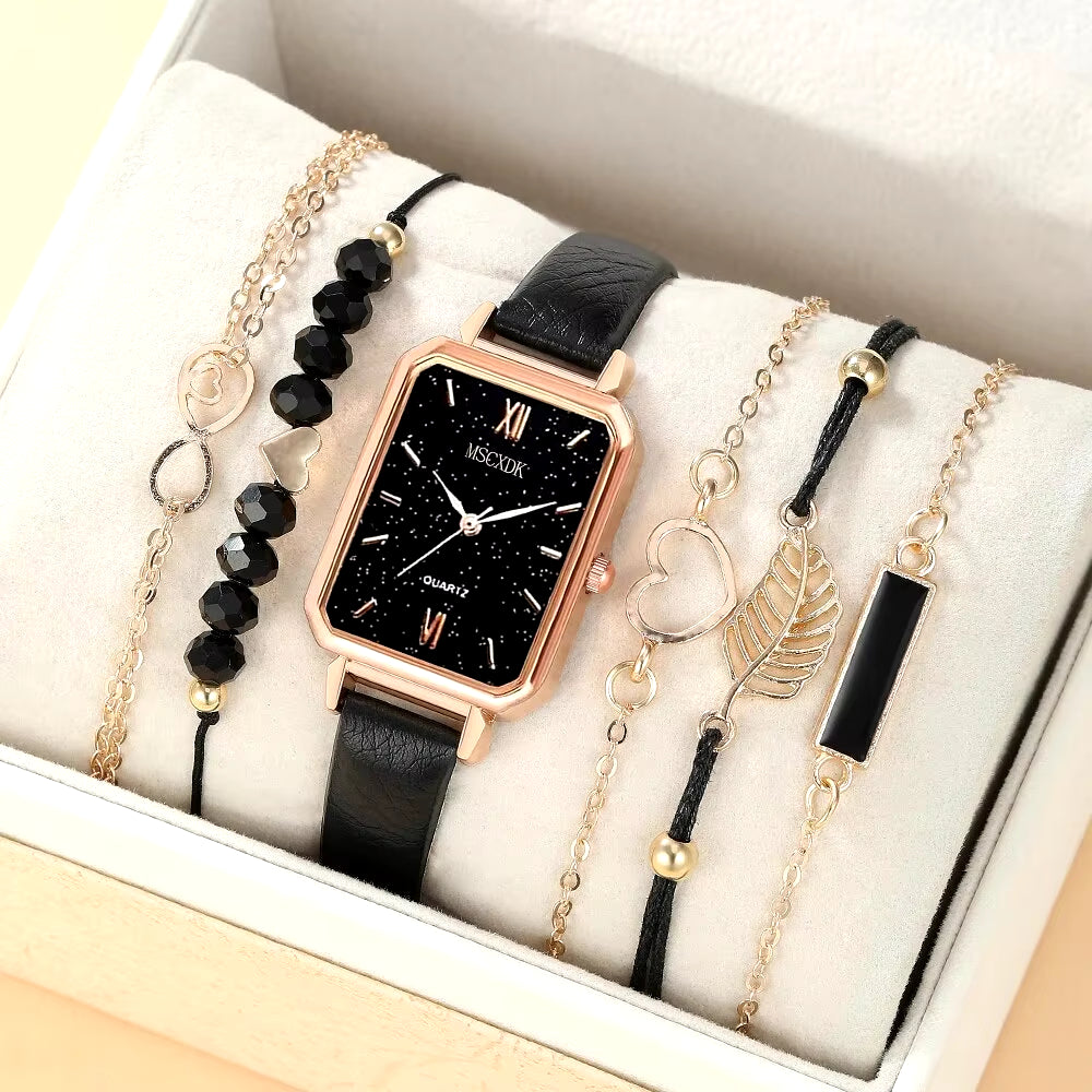 6Pcs Square Quartz Watch Dainty Bracelets Set Women Black White Watch Dial Leather Strap Heart Leaf Infinity Bracelets Set