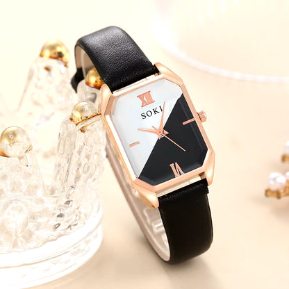 6Pcs Square Quartz Watch Dainty Bracelets Set Women Black White Watch Dial Leather Strap Heart Leaf Infinity Bracelets Set