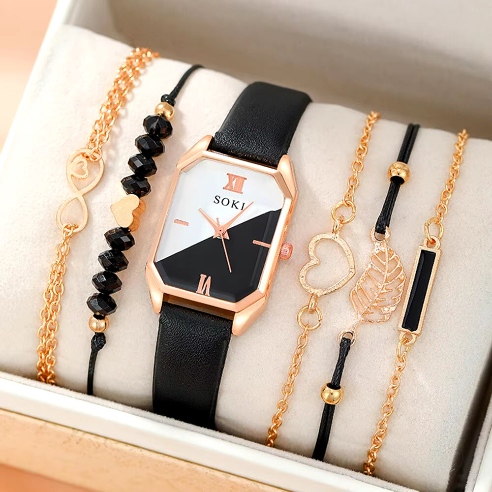 6Pcs Square Quartz Watch Dainty Bracelets Set Women Black White Watch Dial Leather Strap Heart Leaf Infinity Bracelets Set