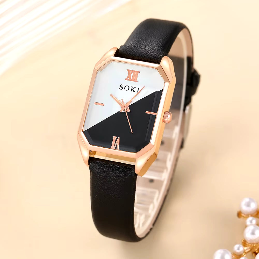 6Pcs Square Quartz Watch Dainty Bracelets Set Women Black White Watch Dial Leather Strap Heart Leaf Infinity Bracelets Set